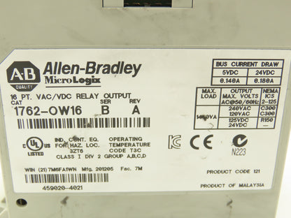 Allen Bradley 1762-OW16 MicroLogix 1200 16 Pt. VAC/VDC Relay Output 24VDC  Ser B