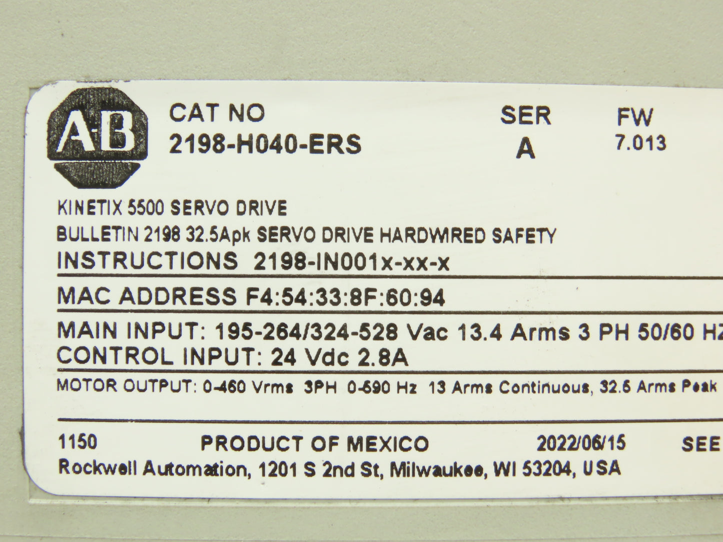 Allen Bradley 2198-H040-ERS Kinetix 5500 Servo Drive 4.0/8.3kW F/W 7.013