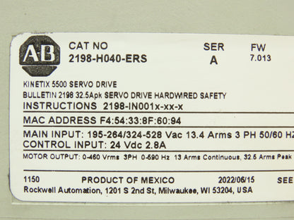 Allen Bradley 2198-H040-ERS Kinetix 5500 Servo Drive 4.0/8.3kW F/W 7.013