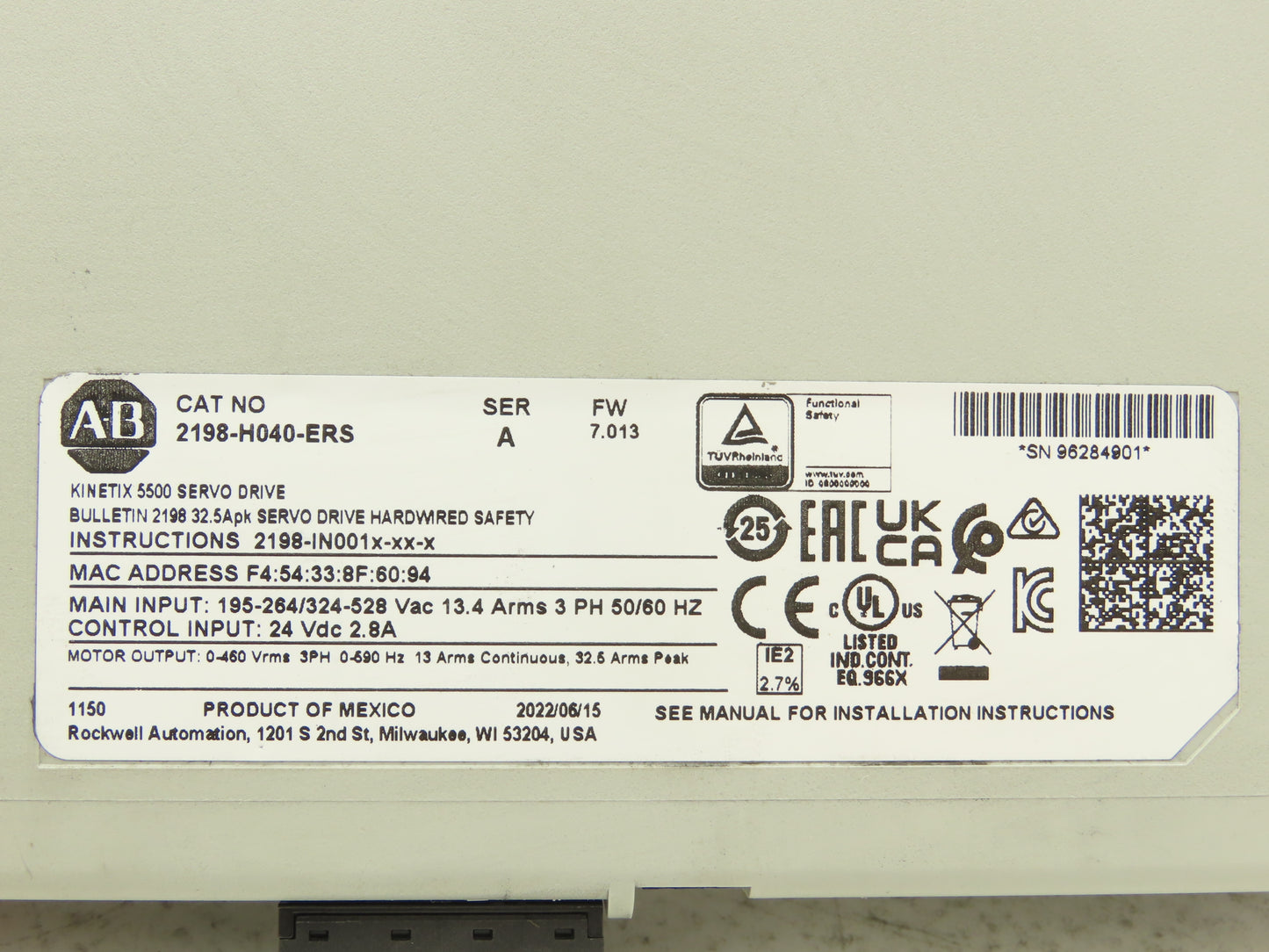 Allen Bradley 2198-H040-ERS Kinetix 5500 Servo Drive 4.0/8.3kW F/W 7.013
