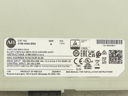 Allen Bradley 2198-H040-ERS Kinetix 5500 Servo Drive 4.0/8.3kW F/W 7.013