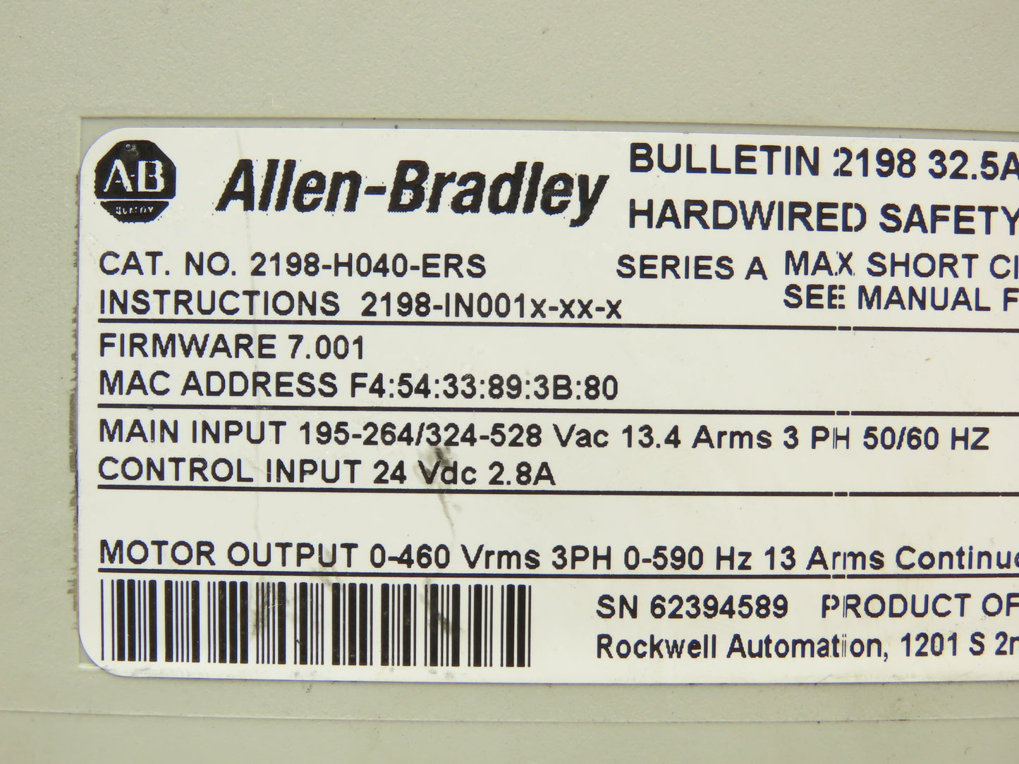 Allen Bradley 2198-H040-ERS Kinetix 5500 Servo Drive 4.0/8.3kW F/W 7.013
