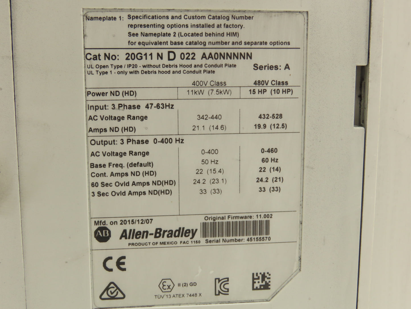 Allen Bradley 20G11ND022AA0NNNNN PowerFlex 755 AC Drive 480V 14A 15HP Series A