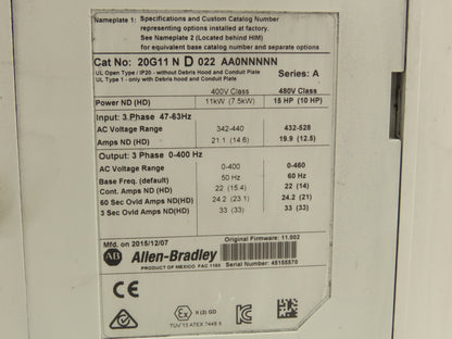 Allen Bradley 20G11ND022AA0NNNNN PowerFlex 755 AC Drive 480V 14A 15HP Series A
