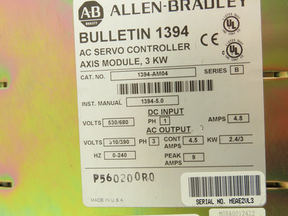 Allen Bradley 1394-AM04 Servo 3kW Axis Module 530/680V 1Ph In 310/390V 3Ph Out