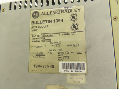 Allen Bradley 1394-AM04 Servo 3kW Axis Module 530/680V 1Ph In 310/390V 3Ph Out
