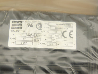Bodine 30R1BECI-D5 Gearmotor 450:1 Ratio 3.8rpm 1/50Hp 115V 1PH Parallel Shaft