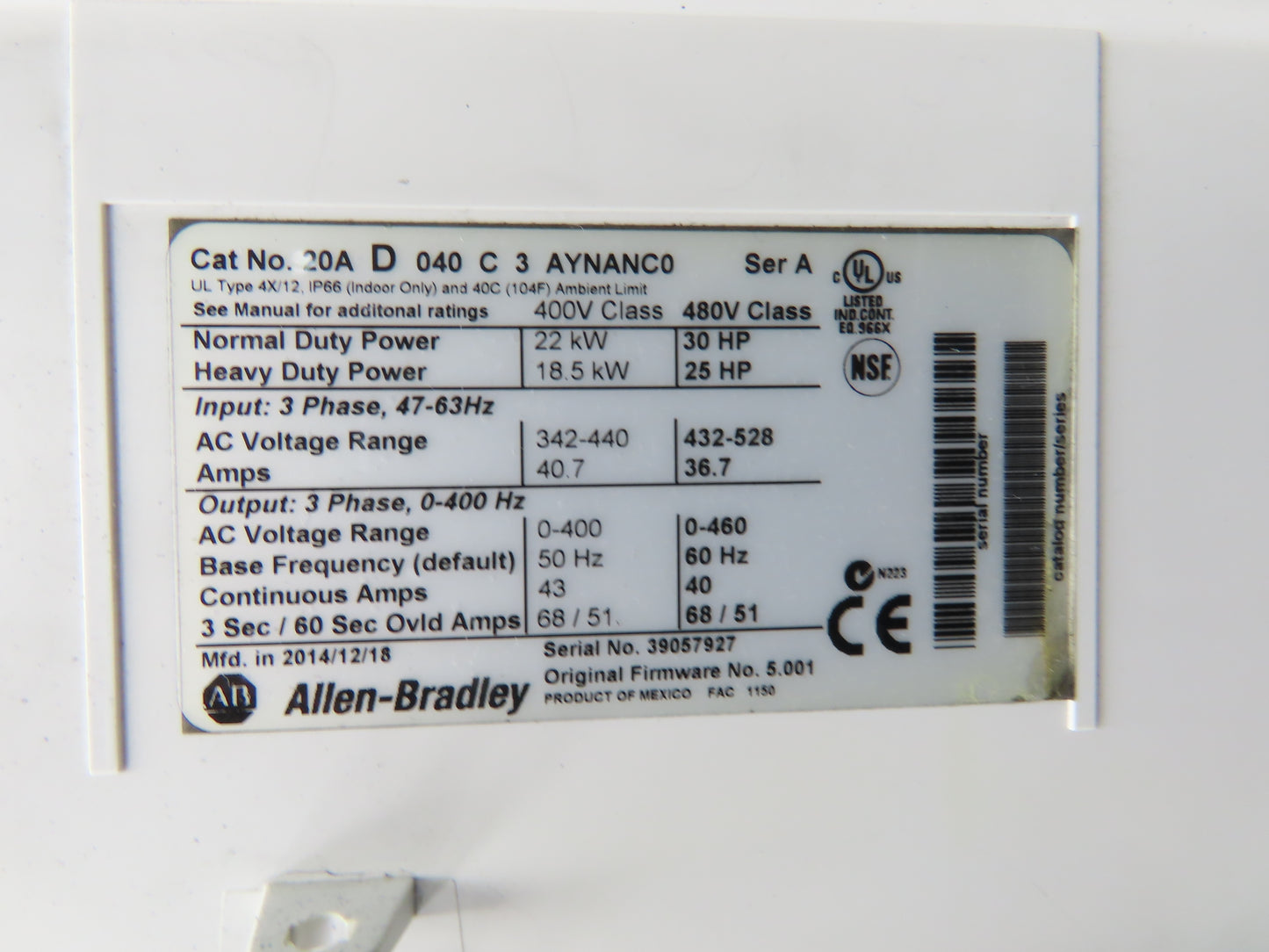Allen Bradley 20AD040C3AYNANC0 PowerFlex 70 AC Drive 30Hp 480VAC 3Ph 40A Ser A