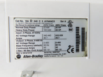 Allen Bradley 20AD040C3AYNANC0 PowerFlex 70 AC Drive 30Hp 480VAC 3Ph 40A Ser A