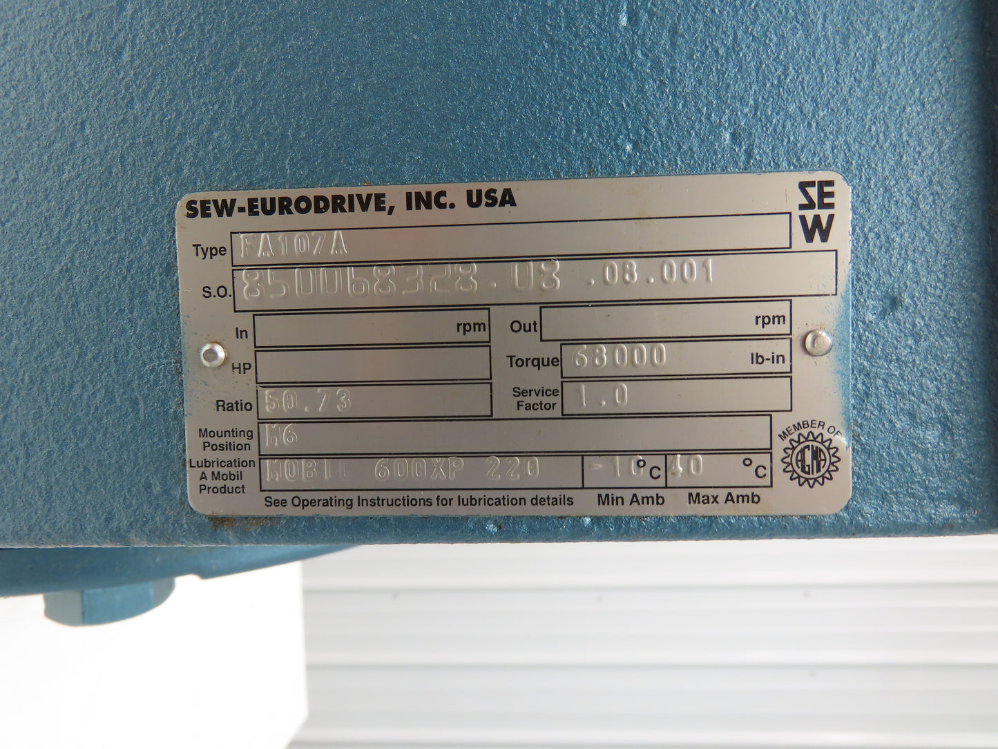 Sew Eurodrive FA107A Snuggler Gear Reducer 50.73 Ratio Hollow Shaft Gearbox