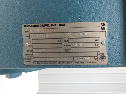 Sew Eurodrive FA107A Snuggler Gear Reducer 50.73 Ratio Hollow Shaft Gearbox