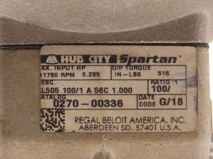 Hub City 0270-00336 Worm Gearbox 100:1 Reducer 17.5rpm Hollow AL505 100/1A 56C 1