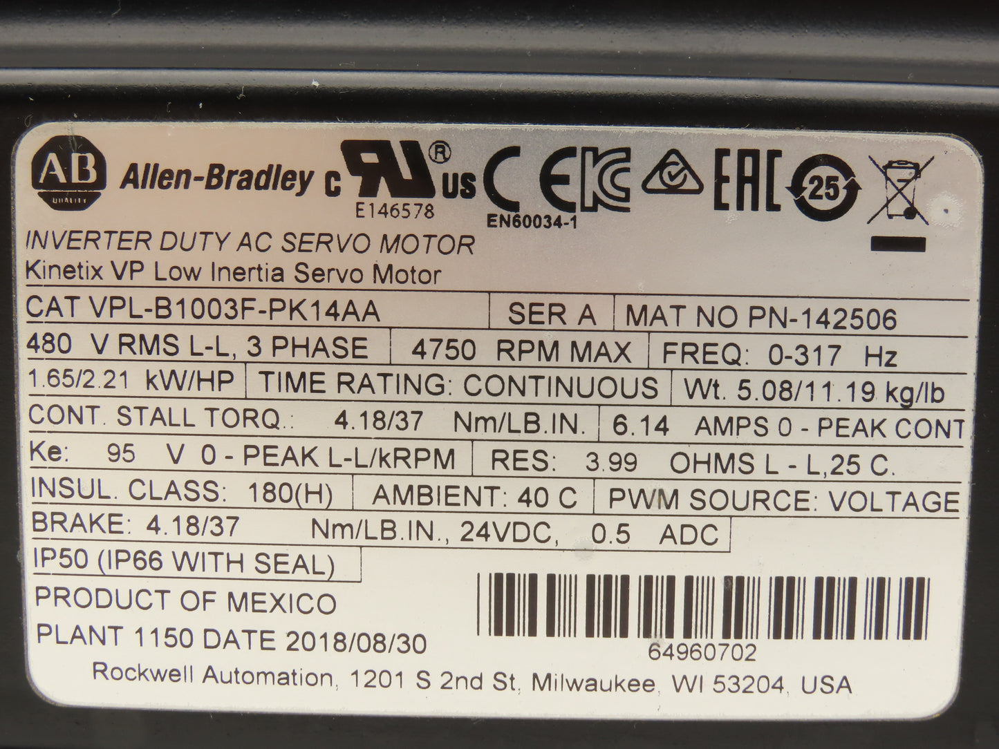 Allen Bradley VPL-B1003F-PK14AA AC Servo Motor 2.2Hp 4750rpm 480V 3PH 24V Brake