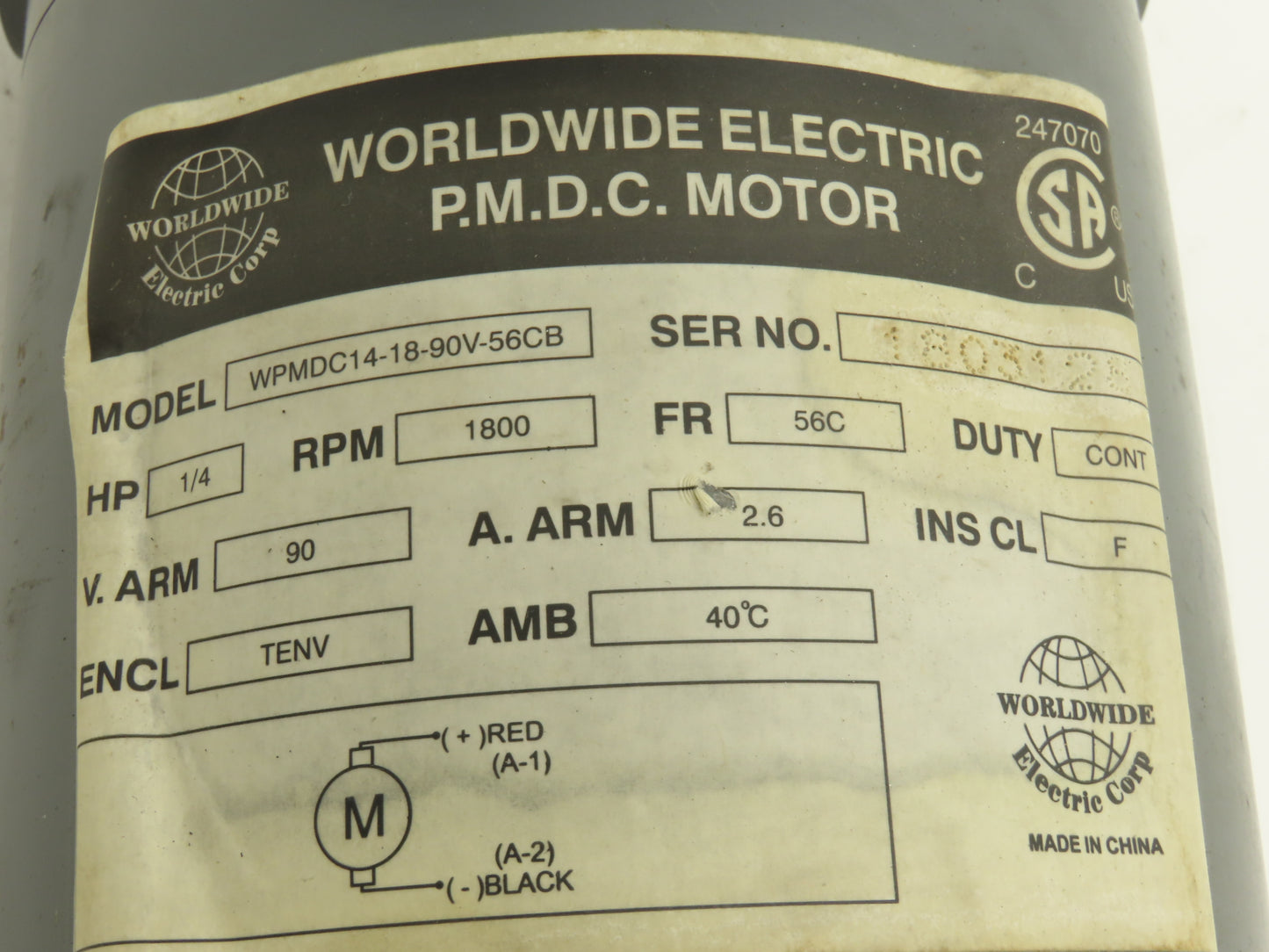 Worldwide Electric WPMDC14-18-90V-56CB DC Motor 90VDC 1/4Hp 1800 RPM 56C