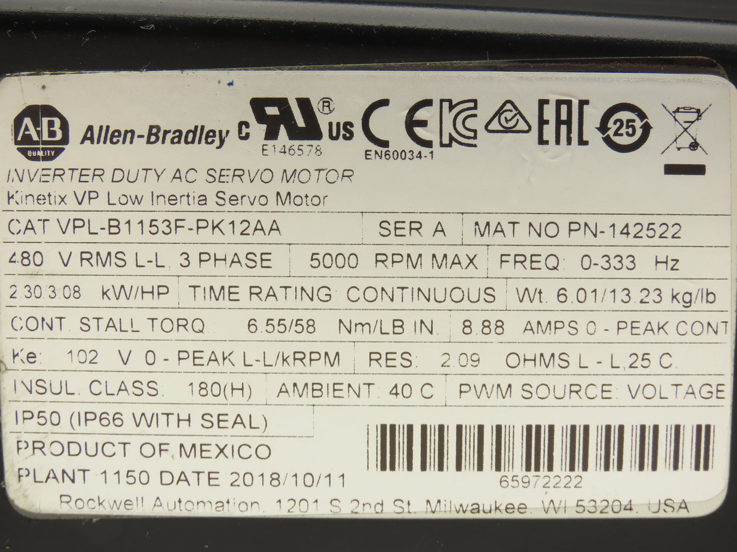 Allen Bradley VPL-B1153F-PK12AA AC Servo Motor 3.08Hp 5000rpm 480VAC 3PH