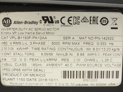 Allen Bradley VPL-B1153F-PK12AA AC Servo Motor 3.08Hp 5000rpm 480VAC 3PH