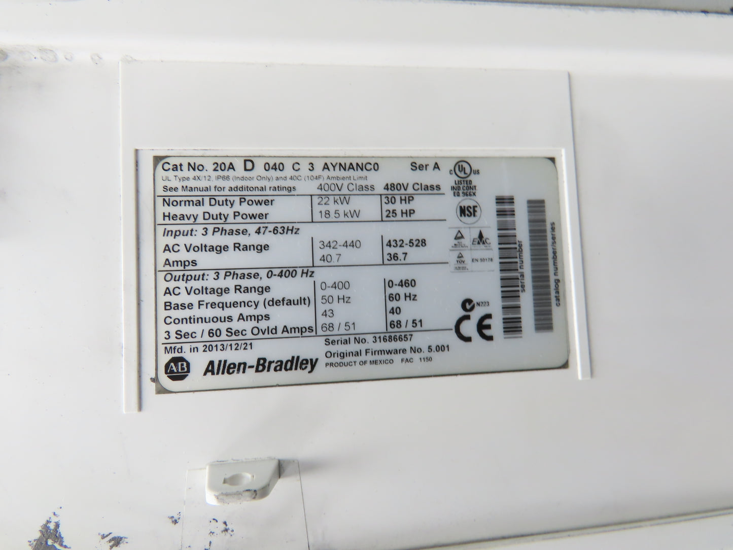 Allen Bradley 20AD040C3AYNANC0 PowerFlex 70 AC Drive 30Hp 480VAC 3Ph 40A Ser A