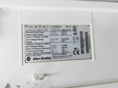 Allen Bradley 20AD040C3AYNANC0 PowerFlex 70 AC Drive 30Hp 480VAC 3Ph 40A Ser A