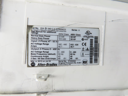 Allen Bradley 20AD040C0AYNANC0 PowerFlex 70 AC Drive 30Hp 480VAC 3Ph 40A Ser A