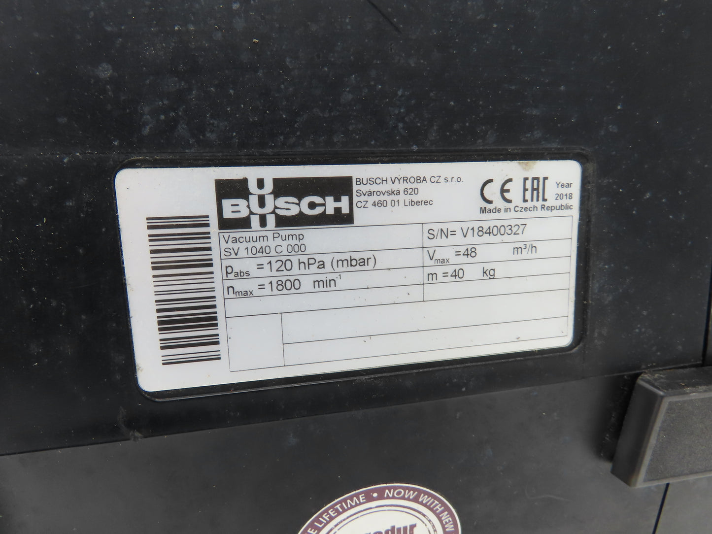 Busch SV 1040 C 00 Rotary Vane Vacuum Pump 120mbar 48m³/h 1.6Hp 200-277/480V 3PH