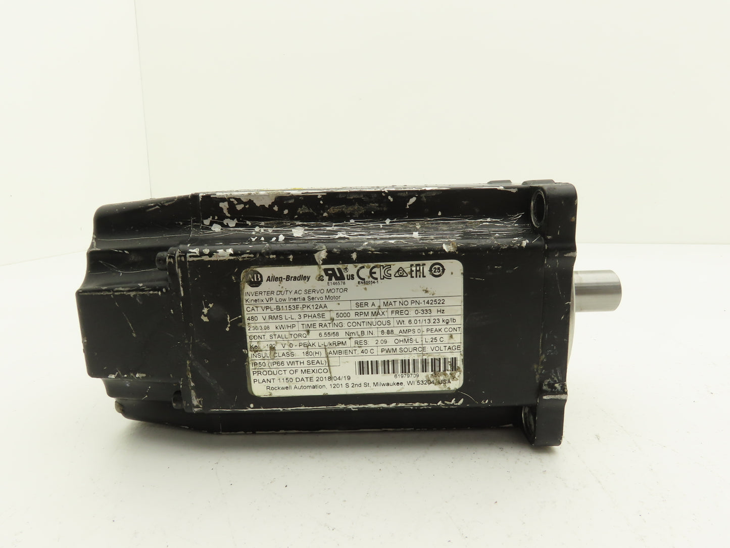 Allen Bradley VPL-B1153F-PK12AA AC Servo Motor 3.08Hp 5000rpm 480VAC 3PH