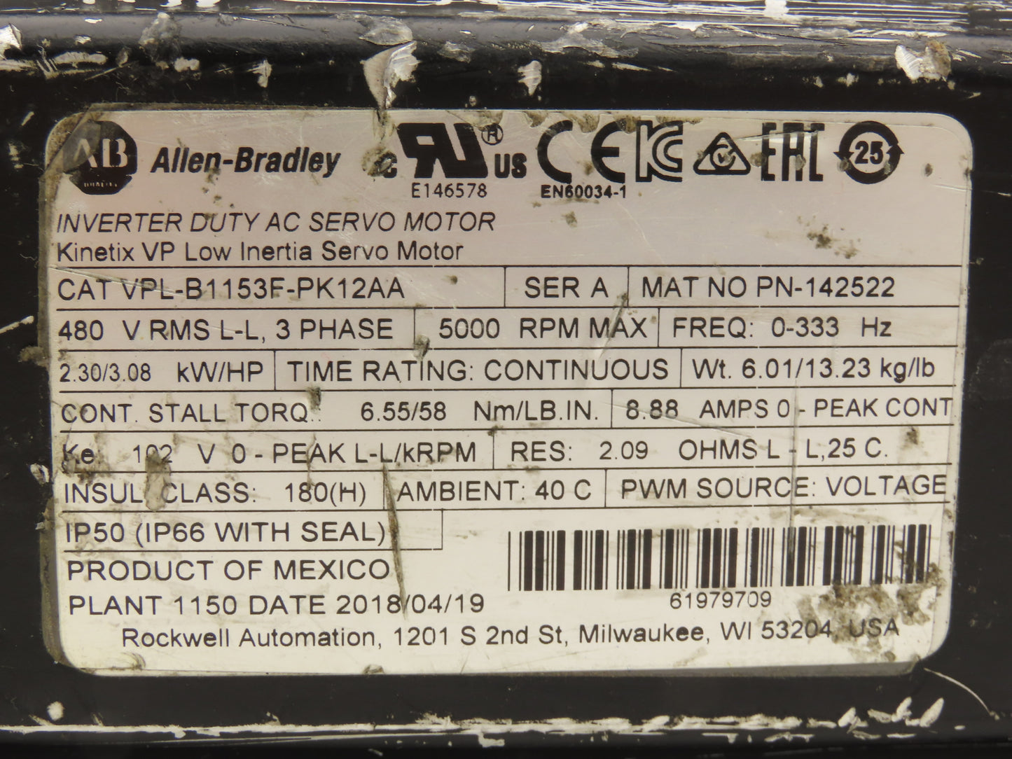 Allen Bradley VPL-B1153F-PK12AA AC Servo Motor 3.08Hp 5000rpm 480VAC 3PH