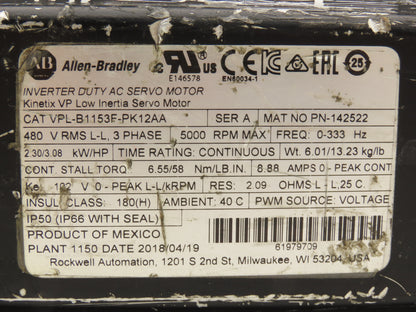 Allen Bradley VPL-B1153F-PK12AA AC Servo Motor 3.08Hp 5000rpm 480VAC 3PH