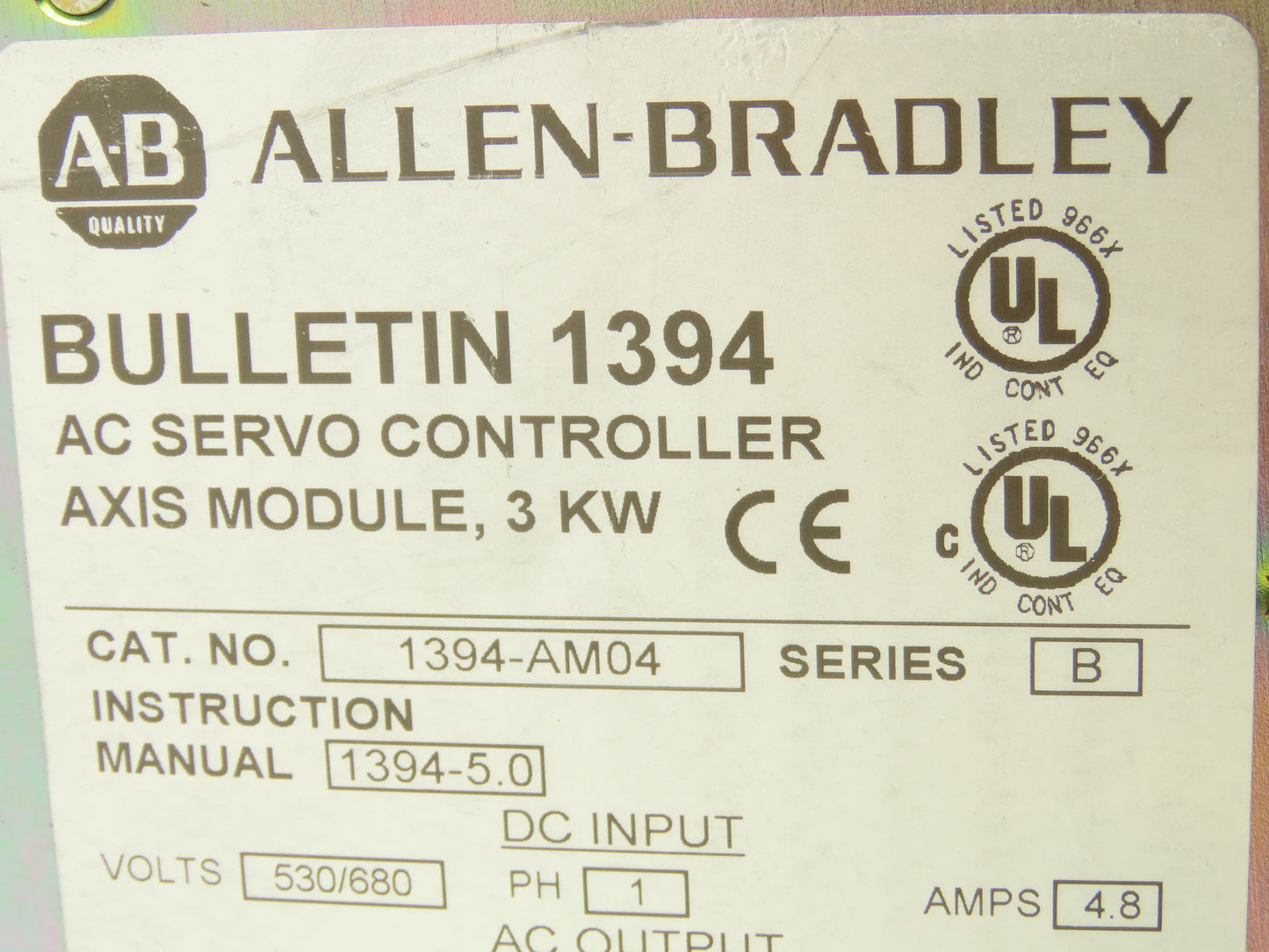 Allen Bradley 1394-AM04 Servo 3kW Axis Module 530/680V 1Ph In 310/390V 3Ph Out