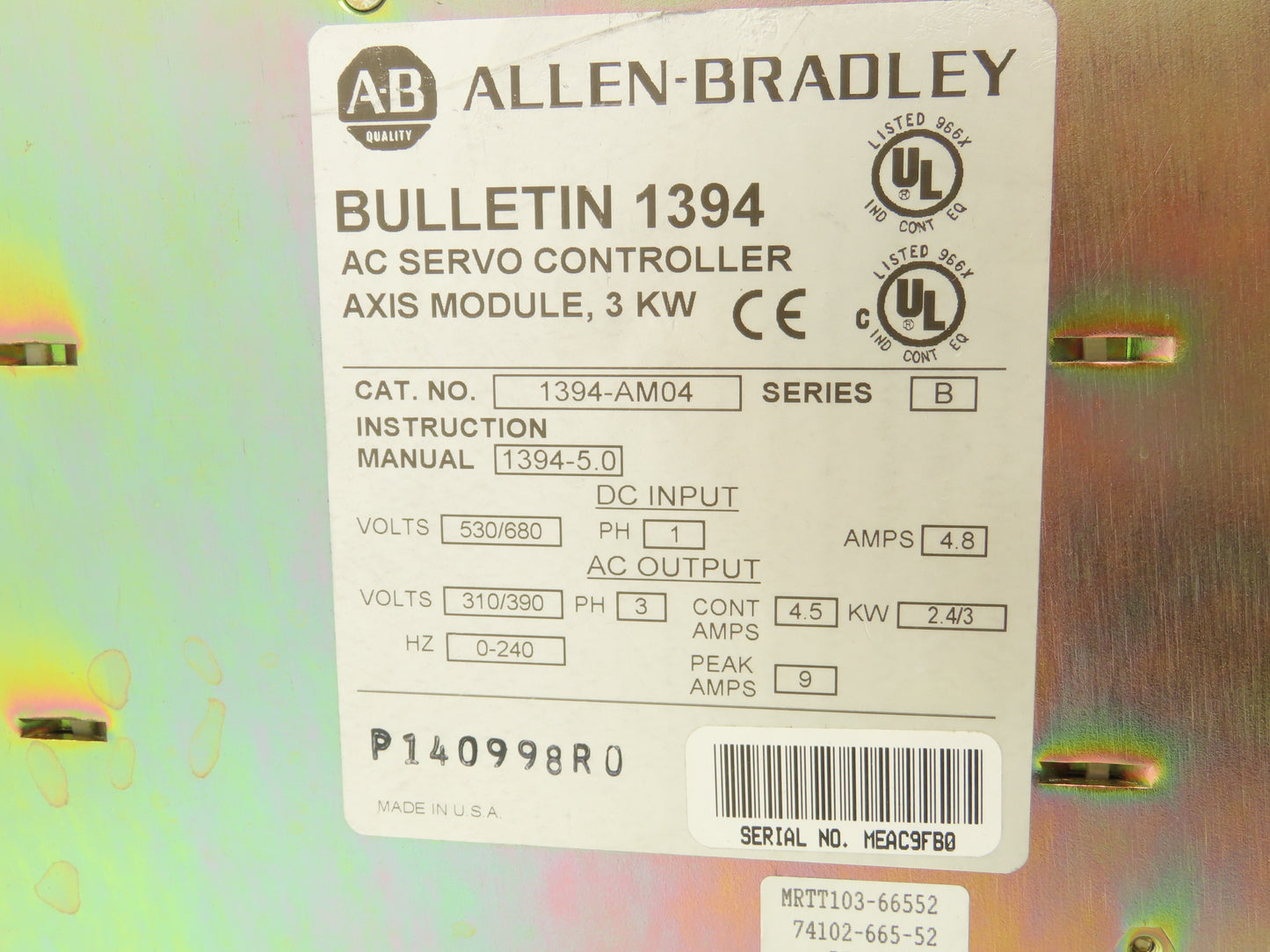 Allen Bradley 1394-AM04 Servo 3kW Axis Module 530/680V 1Ph In 310/390V 3Ph Out