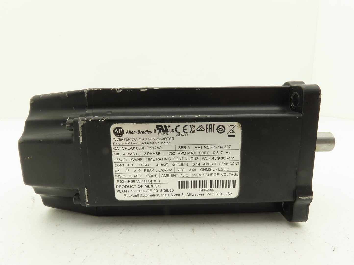 Allen Bradley VPL-B1003F-PK12AA AC Servo Motor 2.21Hp 4750rpm 480VAC 3PH