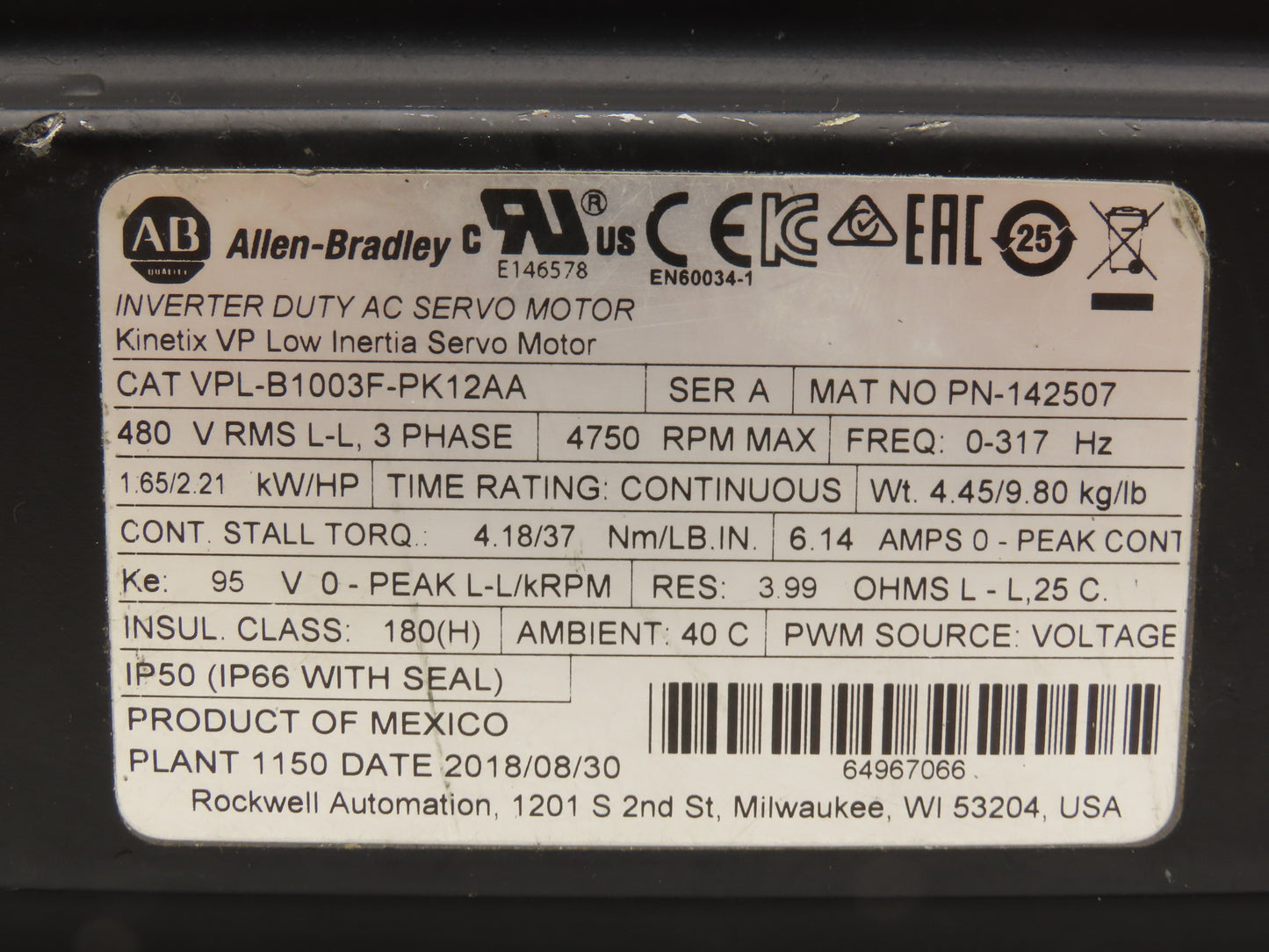 Allen Bradley VPL-B1003F-PK12AA AC Servo Motor 2.21Hp 4750rpm 480VAC 3PH