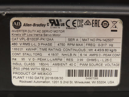 Allen Bradley VPL-B1003F-PK12AA AC Servo Motor 2.21Hp 4750rpm 480VAC 3PH