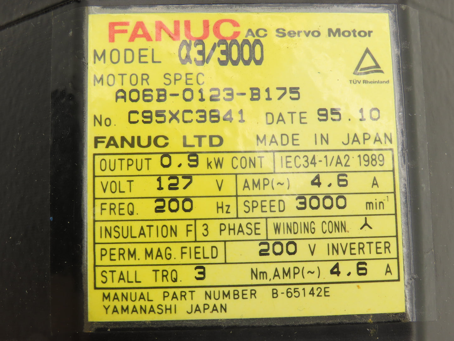Fanuc A06B-0123-B175 AC Servo Motor 0.9kW 127V 3Ph 3000RPM Encoder A8600360T201
