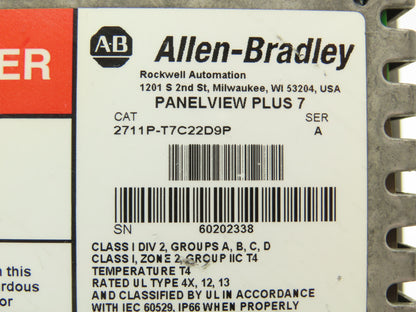 Allen Bradley 2711P-T7C22D9P HMI PanelView Plus 7 Touch Screen 7" 24VDC Series A