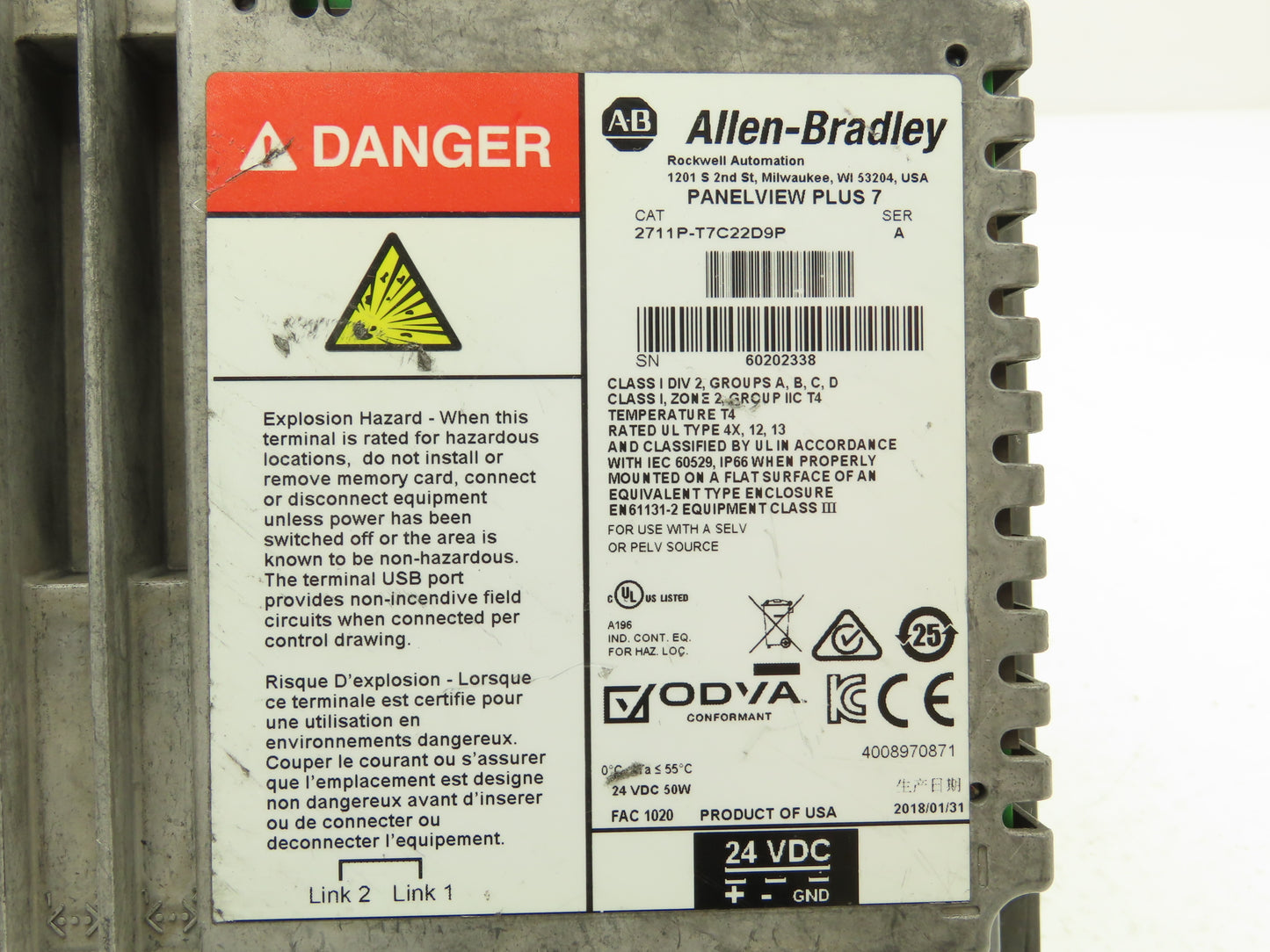Allen Bradley 2711P-T7C22D9P HMI PanelView Plus 7 Touch Screen 7" 24VDC Series A