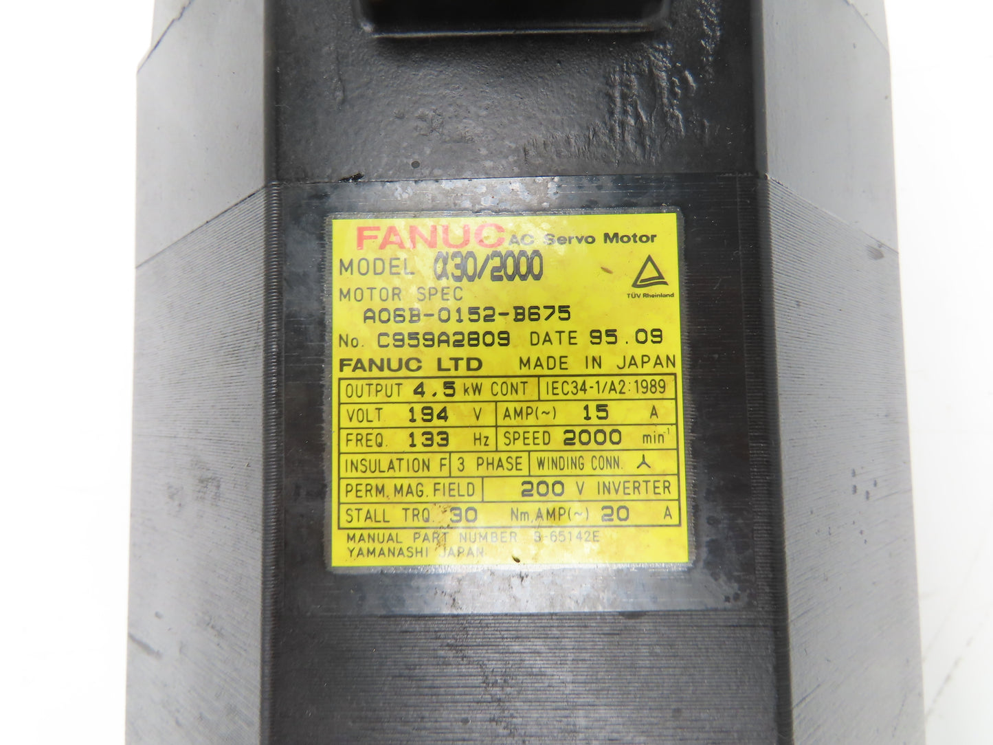 Fanuc A06B-0152-B675 AC Servo Motor 4.5Kw 194V 2000RPM Encoder A8600360T201