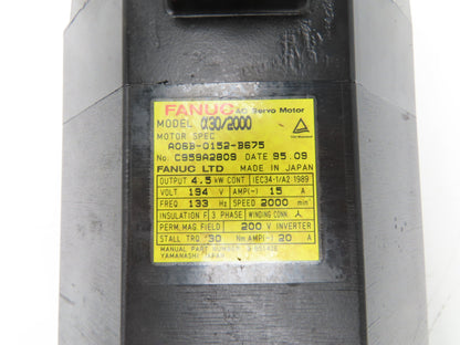 Fanuc A06B-0152-B675 AC Servo Motor 4.5Kw 194V 2000RPM Encoder A8600360T201