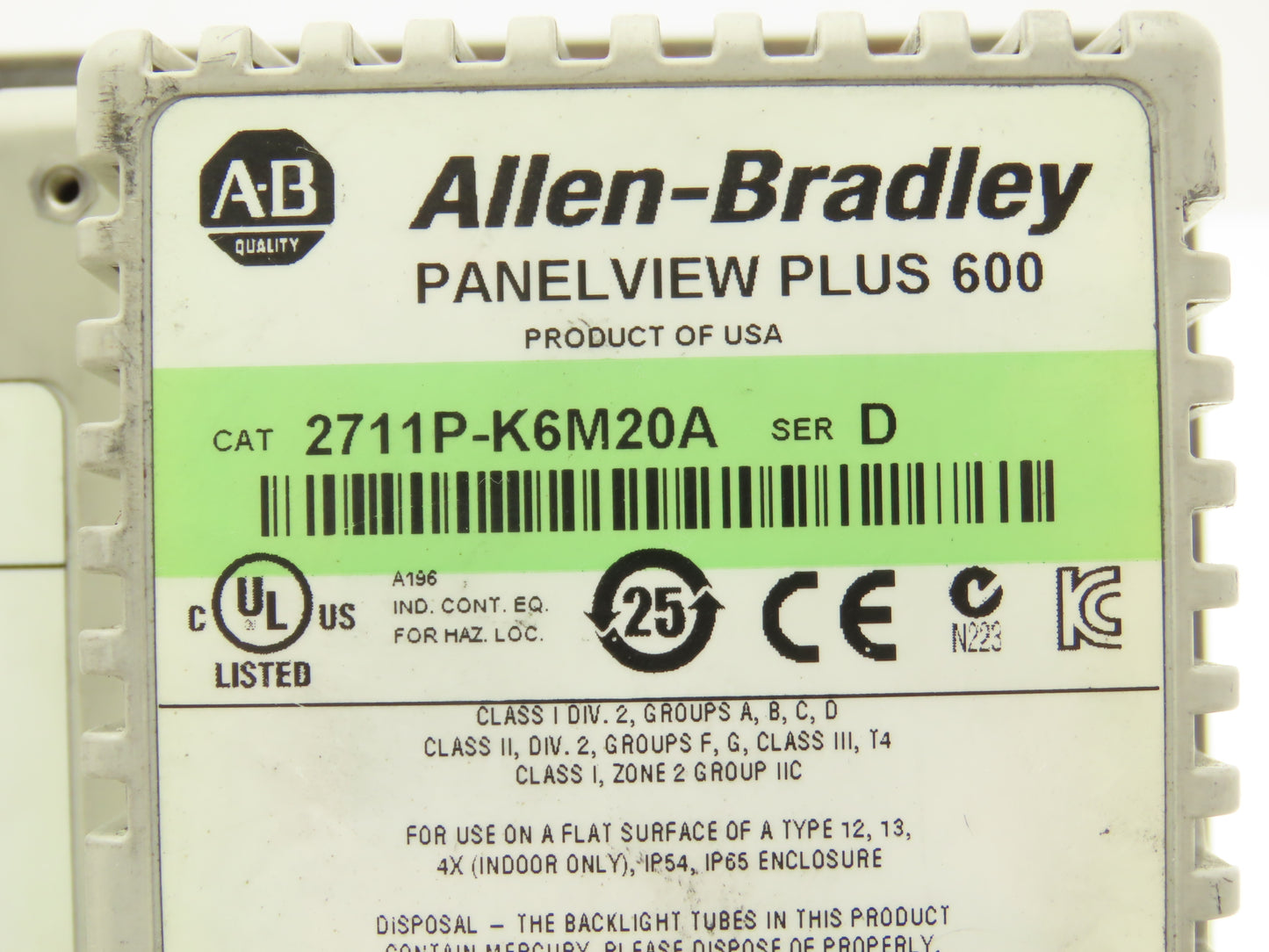 Allen Bradley 2711P-K6M20A PanelView Plus 600 Graphic Terminal 6" Series D-READ