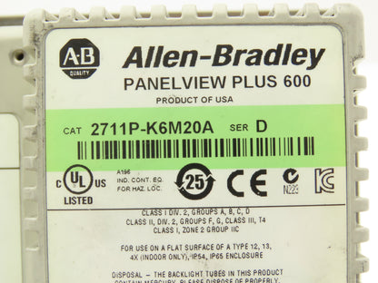 Allen Bradley 2711P-K6M20A PanelView Plus 600 Graphic Terminal 6" Series D-READ