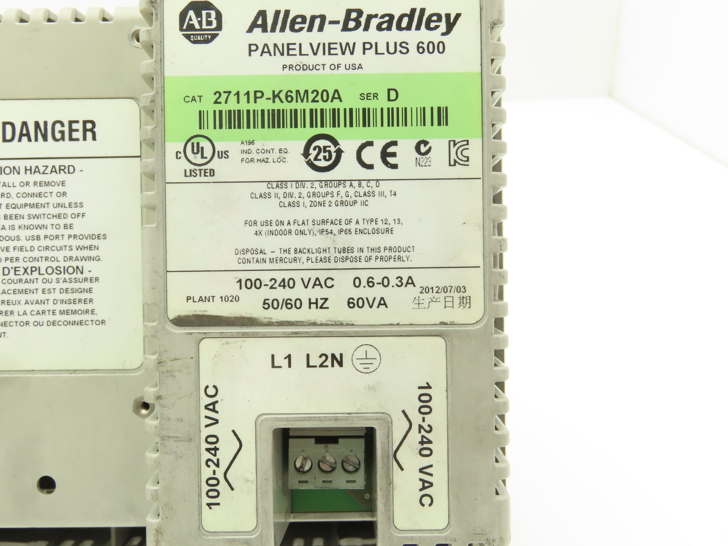 Allen Bradley 2711P-K6M20A PanelView Plus 600 Graphic Terminal 6" Series D-READ