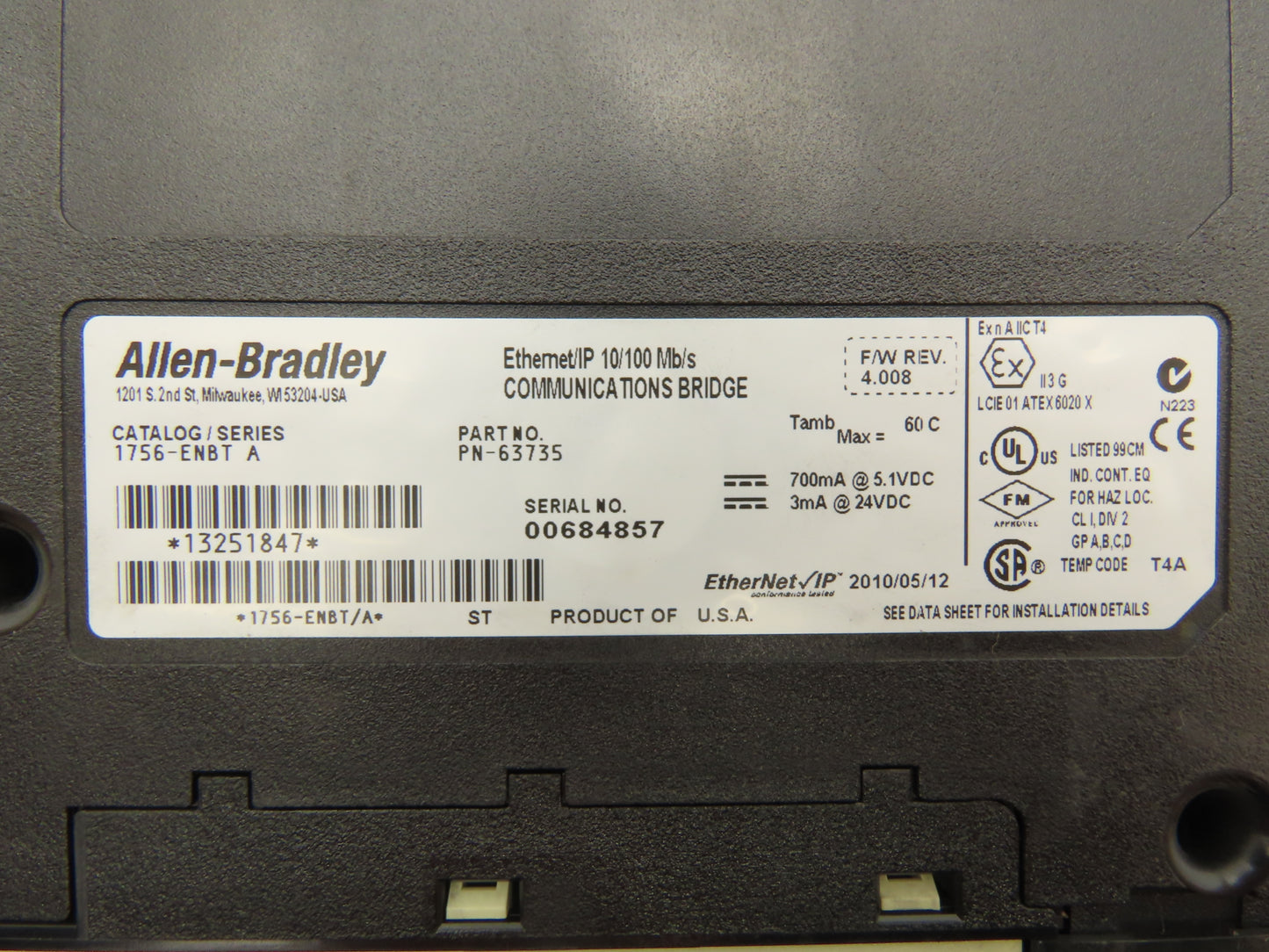 Allen Bradley 1756-ENBT ControlLogix Ethernet IP Communication Module FW 6.004