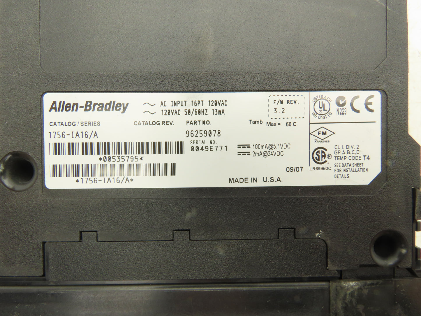 Allen Bradley 1756-IA16/A ControlLogix PLC AC Input Module 16PT 120VAC Rev 3.2
