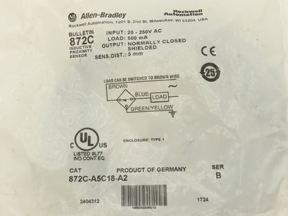 Allen Bradley 872C-A5C18-A2 Proximity Sensor Switch 2M Cable 20-250VAC Ser B