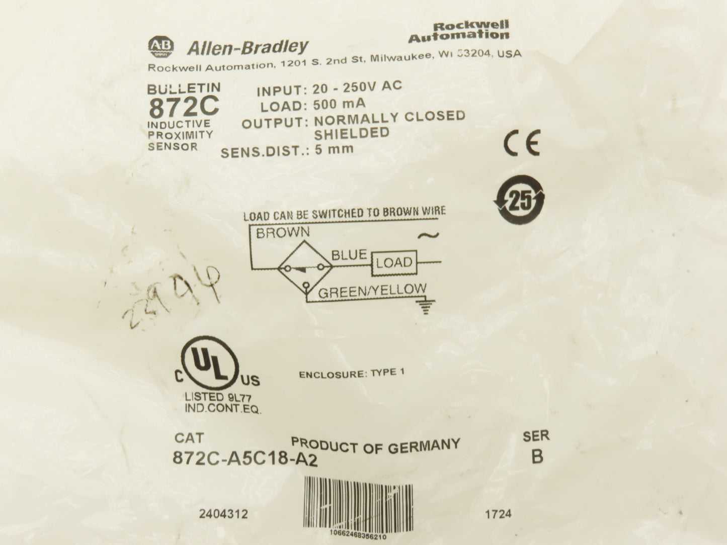 Allen Bradley 872C-A5C18-A2 Proximity Sensor Switch 2M Cable 20-250VAC Ser B