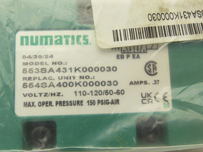 Numatics 553SA431K000030 Pneumatic Directional Solenoid Valve 3/8" Manifold 120V