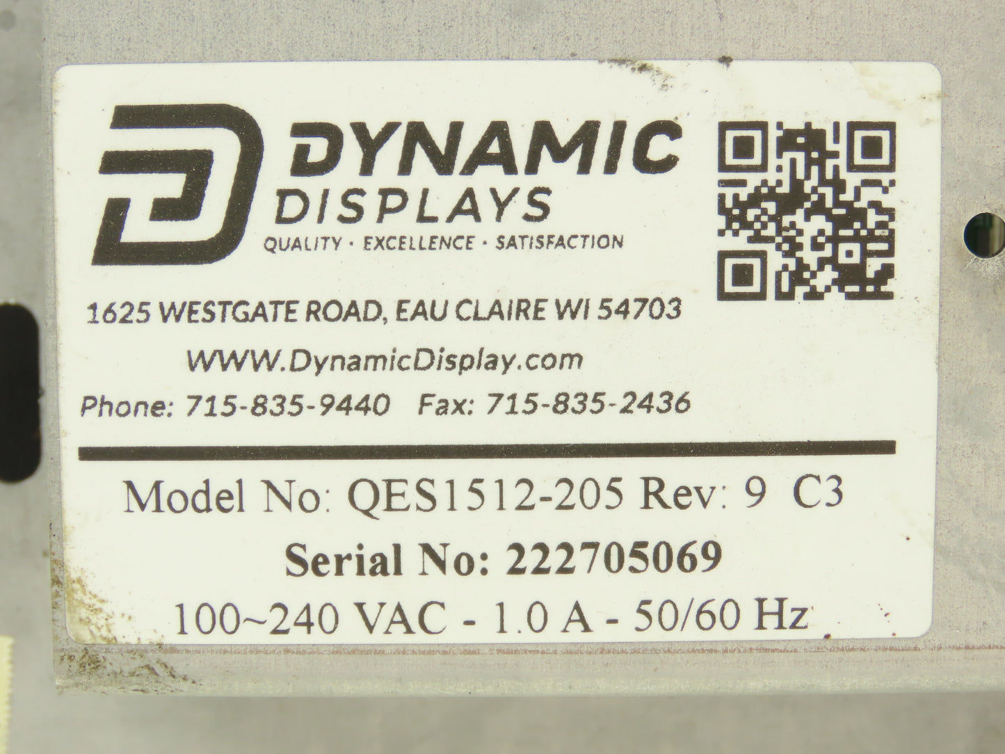 Dynamic Displays QES1512-205 HMI Touch Screen Control Panel 100-240VAC Rev 9 C3