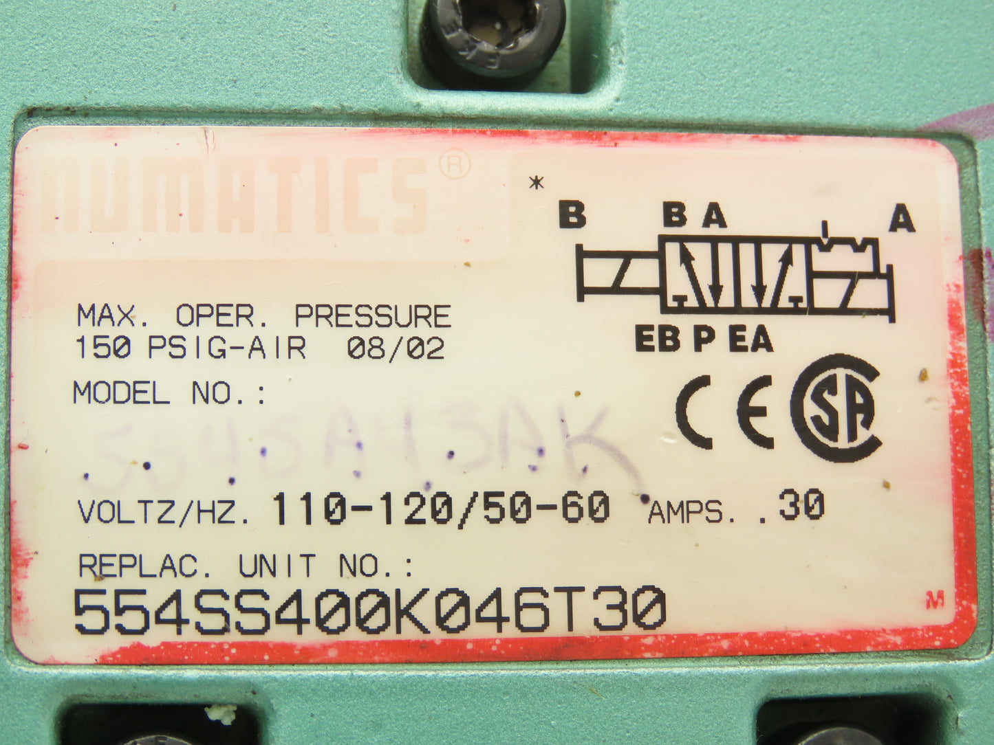Numatics 554SS400K046T30 Pneumatic Directional Solenoid Valve 1/2" Manifold 120V