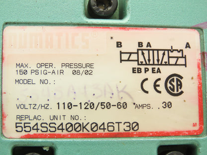 Numatics 554SS400K046T30 Pneumatic Directional Solenoid Valve 1/2" Manifold 120V