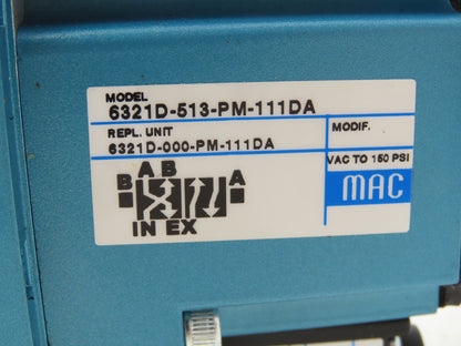 MAC 6321D-513-PM-111DA Pneumatic Solenoid Valve 150PSI 120V 1/2"NPT Manifold
