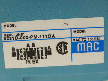 MAC 6331D-000-PM-111DA Pneumatic Solenoid Valve 150PSI 120V